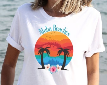 Aloha beaches shirt, beach shirt, sunset tee, vacation shirt, Hawaiian vacation shirt, retro sunset shirt, gift for her, gift for him, aloha