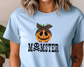 Camiseta de Halloween de Momster, camisa para ella, regalo para mamá, camiseta de Halloween de Momster, camisa de calabaza de Momster, camiseta de calabaza de mamá, camiseta de calavera y huesos cruzados de mamá