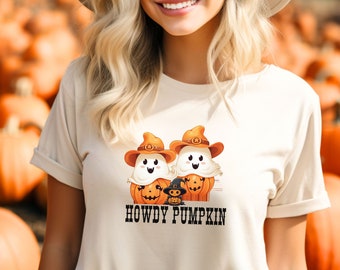 Camiseta Howdy Pumpkin, camisa para ella, regalo, camisa de calabaza, camisa de Halloween, camiseta de dama, camiseta Howdy Pumpkin, camisa para él, fantasmas con calabazas