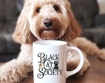 Taza de cerámica de la Sociedad del Gato Negro 11oz, Taza de Halloween del gato, Gato con fantasma, Taza de los amantes de los gatos, Taza de Halloween de la Sociedad del Gato Negro, Taza de la mamá del gato, Taza del papá del gato