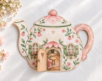 Op de afbeelding: Een platte, theepotvormige houten uitsparing met een geschilderd bloemmotief in roze en groene tinten. De theepot bevat een klein, scharnierend houten deurtje dat opent naar een geprinte binnenscène van een gezellige kamer met meubels.