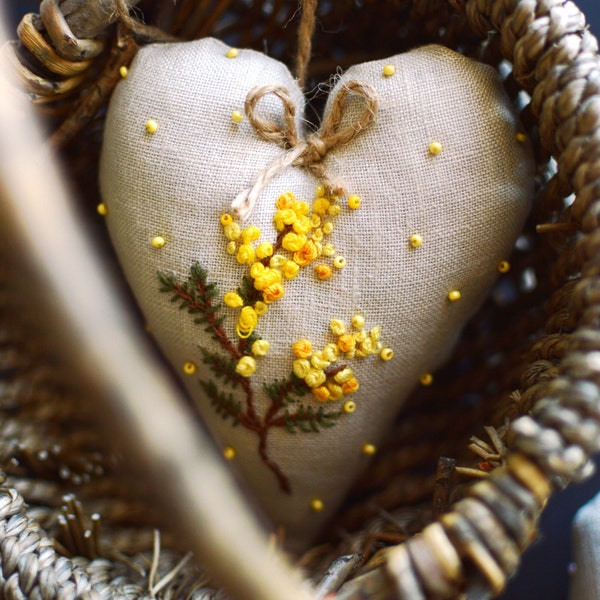 Artisan Hand-Embroidered Linen Heart - Soft Stuffed Keepsake