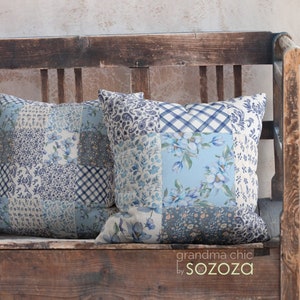 Blue Floral Patchwork Throw Cushion | Grandma Chic, Farmhouse Decor, Shabby Chic | Some options include inner, sizes from 14&quot;x14&quot; to 20&quot;x20&quot;
