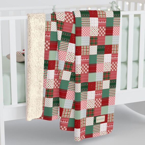 Christmas Patchwork Sherpa Fleece Blanket | Grandma Chic | Patchwork Quilt Inspired | Green and Red Color Blanket Throw | For Her Gift
