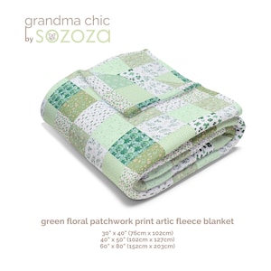May include: Green floral patchwork print arctic fleece blanket in various sizes: 30" x 40", 40" x 50", and 60" x 80".