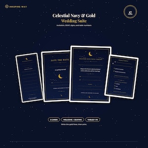 Puede incluir: Un conjunto de papelería de boda de 17 piezas con temática celestial, fondos azul marino y texto dorado. El set incluye un programa, save the date, invitación de boda y tarjeta de confirmación, decorados con iconos de lunas crecientes doradas.