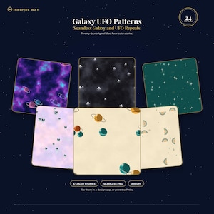 May include: A digital collection titled Galaxy UFO Patterns featuring twenty-four seamless repeats. The image displays six square tiles with space-themed graphics including planets, stars, and UFOs in purple, black, teal, and cream color palettes.