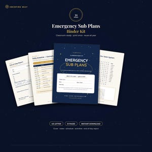 May include: A 31-page Emergency Sub Plans Binder Kit featuring a dark blue cover with gold text, including an End-of-Day Report, a Daily Schedule example, and a Solar System word search activity. The kit is designed for US Letter paper size.