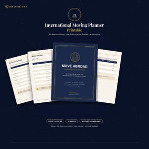 Könnte beinhalten: Ein 71-seitiger, druckbarer internationaler Umzugsplaner mit dunkelblauem Einband, goldenem Text Move Abroad Command Center und Globus-Symbol. Enthält Seiten für einen 90-Tage-Countdown, Visa, Dokumente, Budget und die Ankunftsvorbereitung.