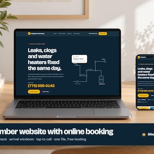 May include: A laptop and a smartphone displaying a plumbing service website with a dark blue background, white text reading Leaks, clogs and water heaters fixed the same day, and a yellow phone number (775) 555-0142 with online booking buttons.