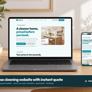 Könnte beinhalten: Ein Laptop und ein Smartphone zeigen die Brightwell-Website für Hausreinigung. Auf dem Bildschirm ist der Text A cleaner home, priced before you book, ein Küchenbild und eine Schaltfläche für ein Sofortangebot auf einer Holzoberfläche.