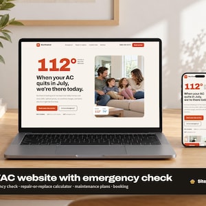 May include: A laptop and a smartphone displaying a Northwind HVAC company website. The screen shows the text 112 degrees, When your AC quits in July, we're there today, and a photo of a family sitting on a couch. The interface includes buttons.