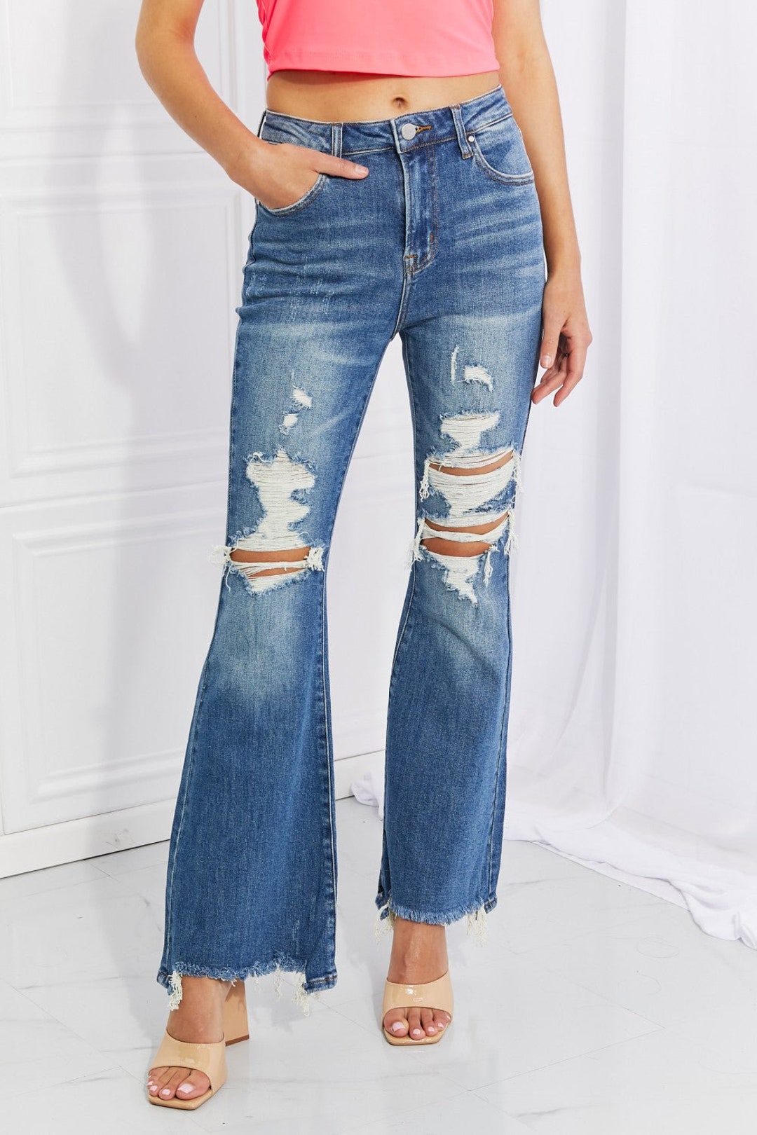 RISEN Full Size Hazel High Rise Distressed Flare Jeans - Etsy