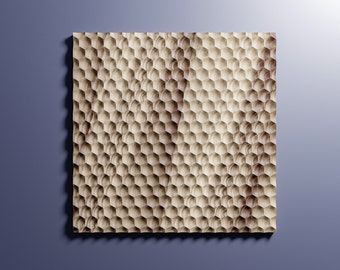 May include: A square wooden panel with a repeating honeycomb pattern. The wood has a light brown color with visible grain, and the hexagonal cells create a textured surface. The panel is set against a blue background.