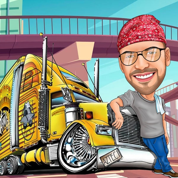 Auto Repair Portrait,Truck Driver Portrait,Truck Driver Caricature,Truck Driver Custom Portrait, Gift For Truck Driver,Truck Driver Gift