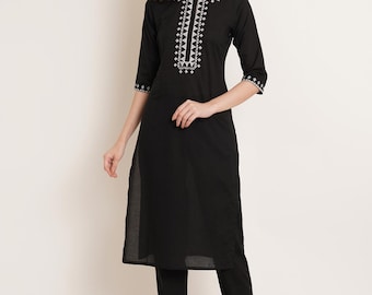 Besticktes Baumwolle Kurta Hose Set - Damen Ethnic Dress