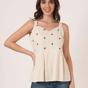 Pure Cotton Women Embroidered Sleeveless Top, Jeans Top, Short Kurtis
