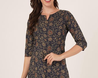 Pure Cotton Women's Jaipuri Print Short Kurta, India wear Kurti,Printed Kurta
