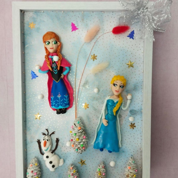 Tableau lumineux décoration chambre enfant, reine des neiges en fimo