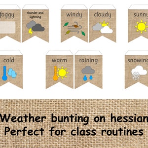 Hessian weather display bunting / classroom weather display / daily routines display / Early years display / weather