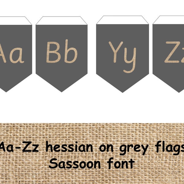 Alphabet bunting / Sassoon font / hessian text / Reggio inspired / classroom bunting / display bunting