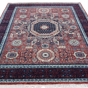 Hand Knotted Wool Rug 8x10: Navy Blue Persian Carpet with Lion Motif