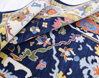 Handgeknoopt Oushak boho-wollen vloerkleed | Marineblauw Turks stamtapijt