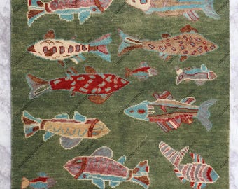 Green Koi whimsical rug runner Wool | Handmade Colorful Carpet (4x6 ft)