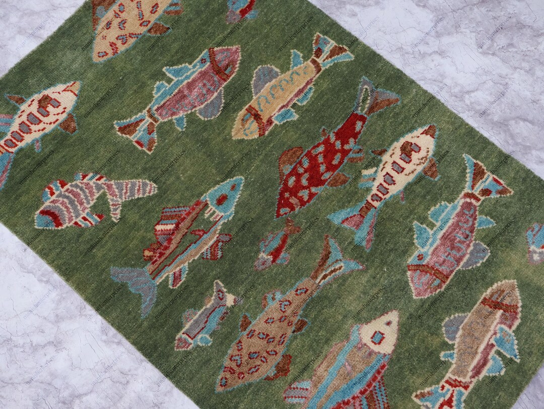 Green Fish Whimsical Rug Runner Wool | Handmade Colorful Carpet (4x6 Ft ...