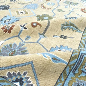 Hand-Knotted Oushak Wool Rug: Olive, Camel & Blue - All Sizes