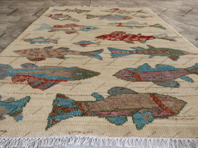 Outdoor Fish Rug Patterns Fish Rug Wool Area Rug, Hand Knotted Beige, Coastal Nautical Decor - Etsy