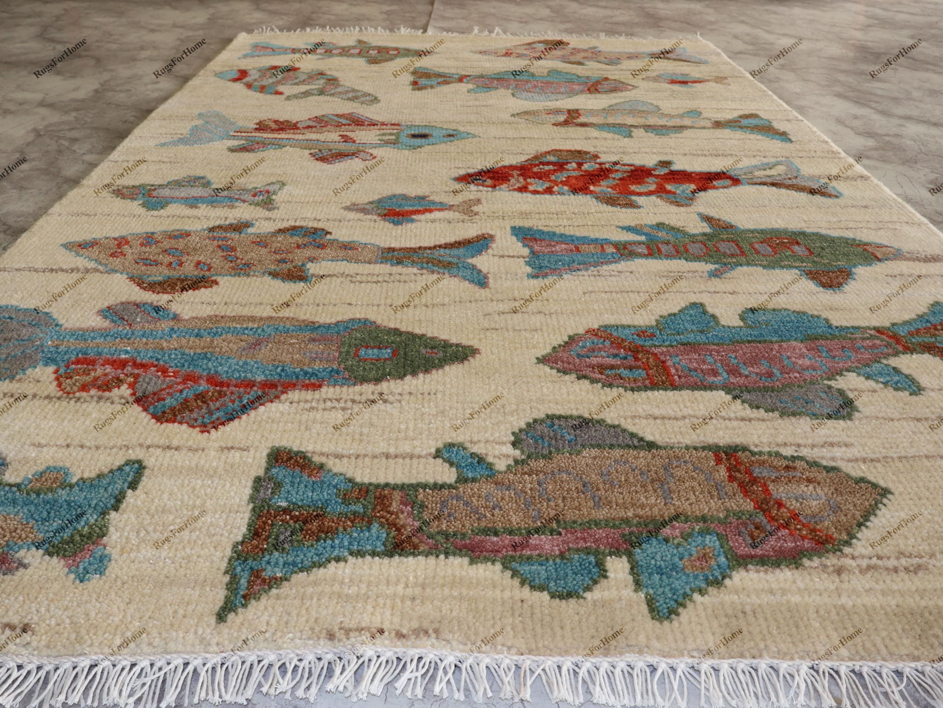 Patchwork Fish Rug Pattern Hand Knotted Fish Pattern Rug Wool Area Carpet Coastal Nautical Beige ...
