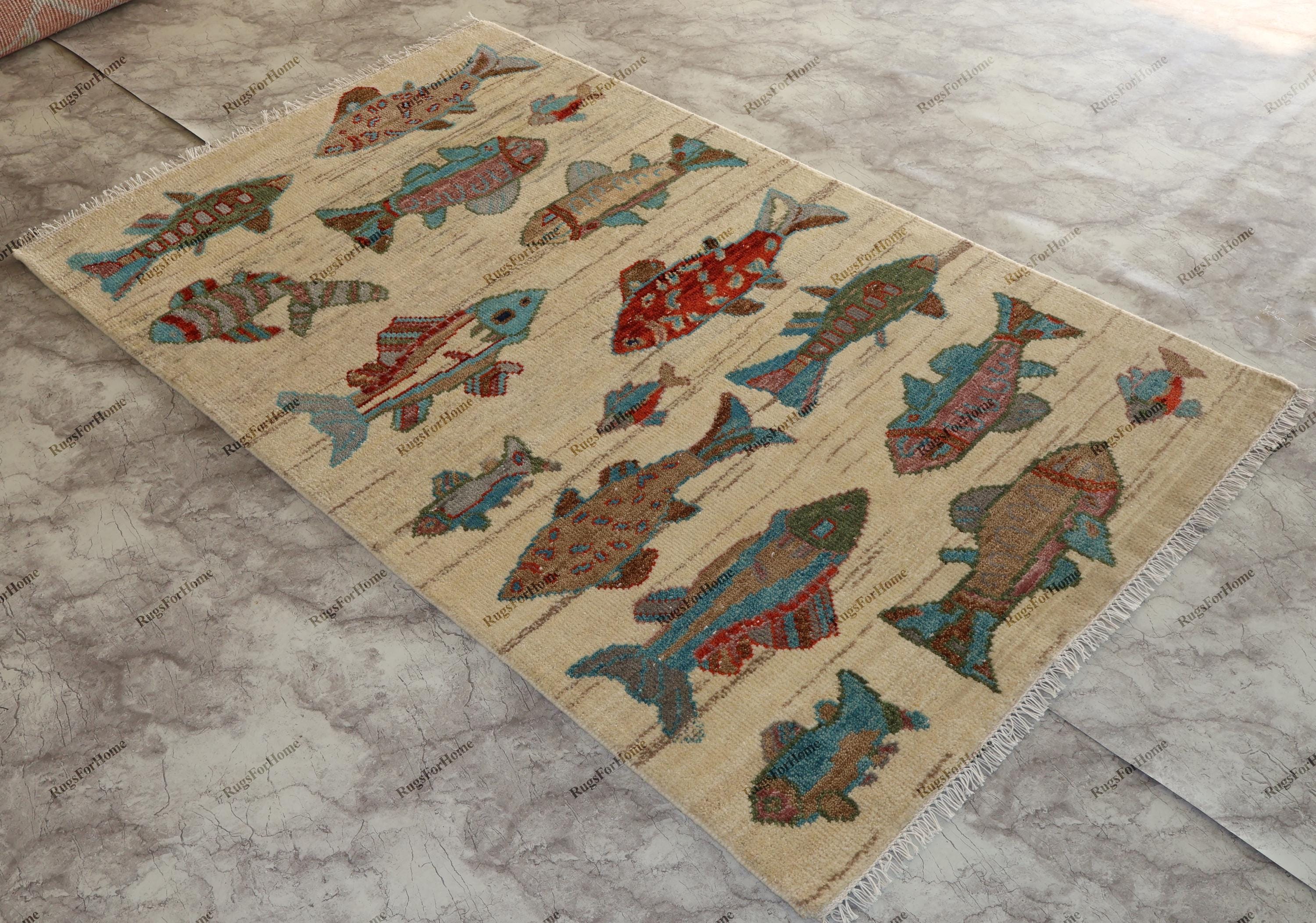 Outdoor Fish Rug Patterns Hand Knotted Fish Pattern Rug Wool Area Carpet Coastal Nautical Beige ...