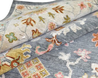 Gray Oushak Turkish Rug: Hand Knotted Wool Rug for Living Room