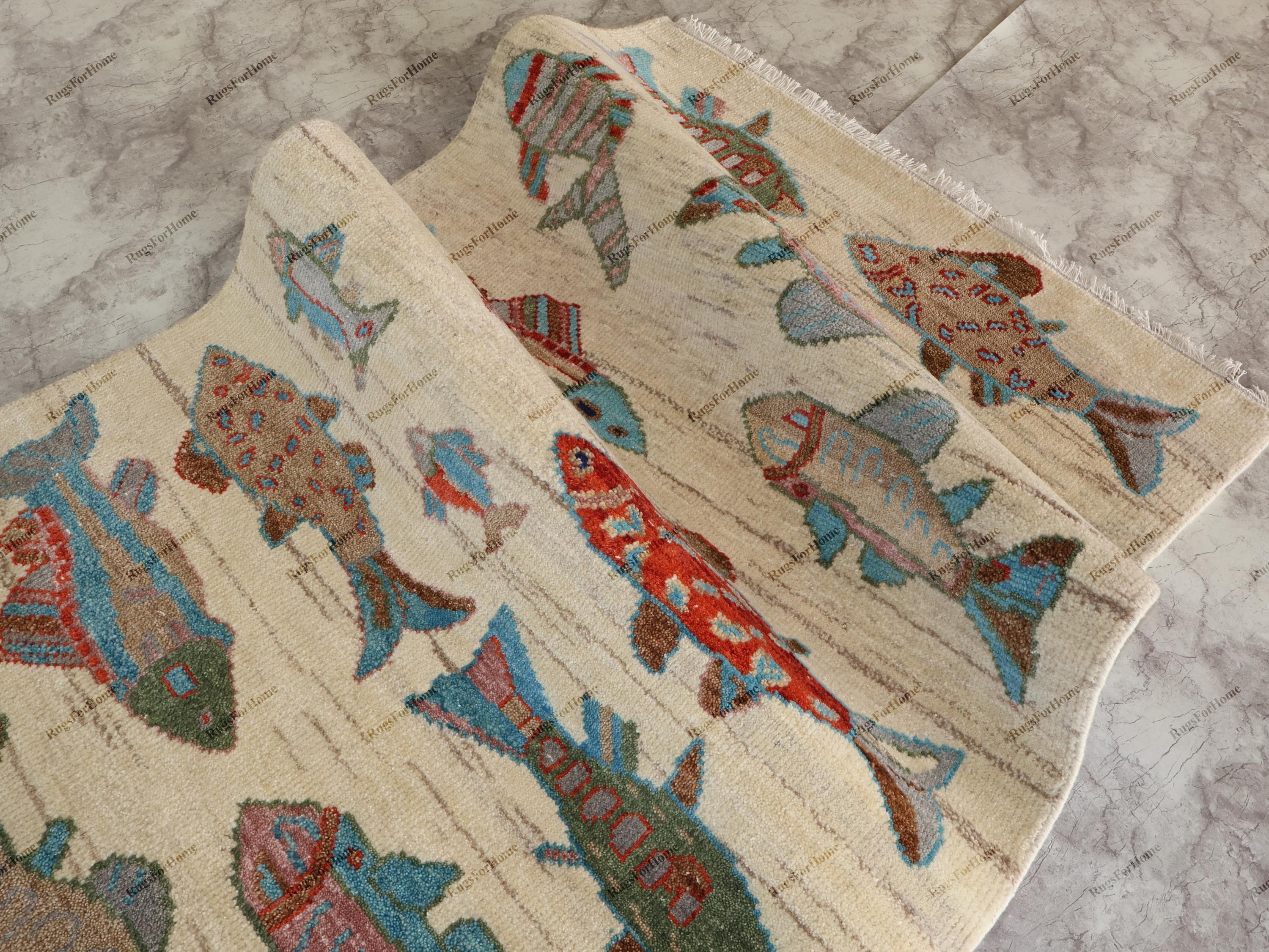 Outdoor Fish Rug Patterns Hand Knotted Fish Pattern Rug Wool Area Carpet Coastal Nautical Beige ...