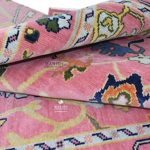 Hand-Knotted Oushak Wool Rug: Hot Pink Turkish Style, 6x9 ft