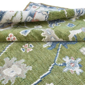 Hand-Knotted Oushak Rug: Olive Green & Beige Wool, Turkish Design