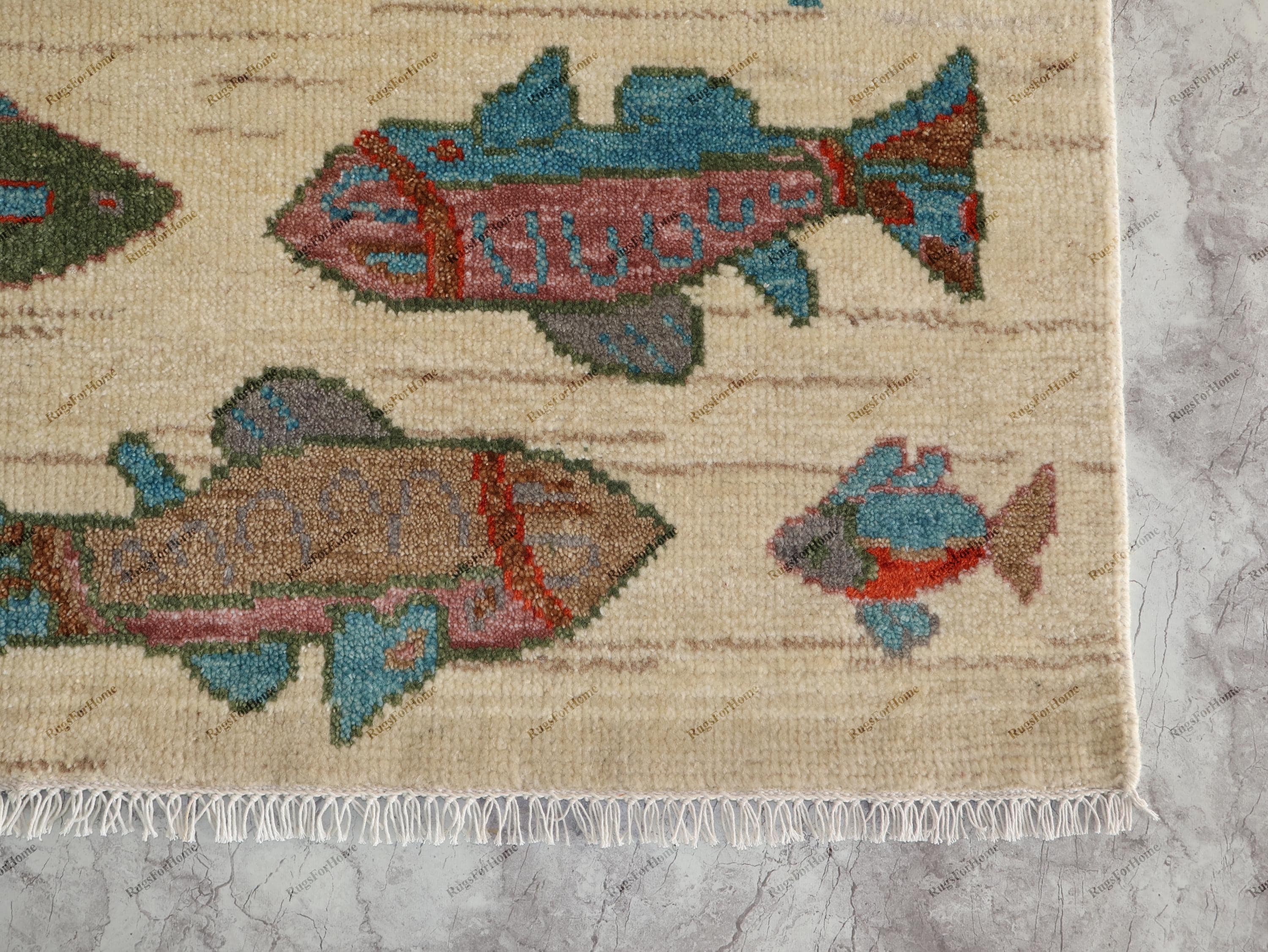Outdoor Fish Rug Patterns Hand Knotted Fish Pattern Rug Wool Area Carpet Coastal Nautical Beige ...