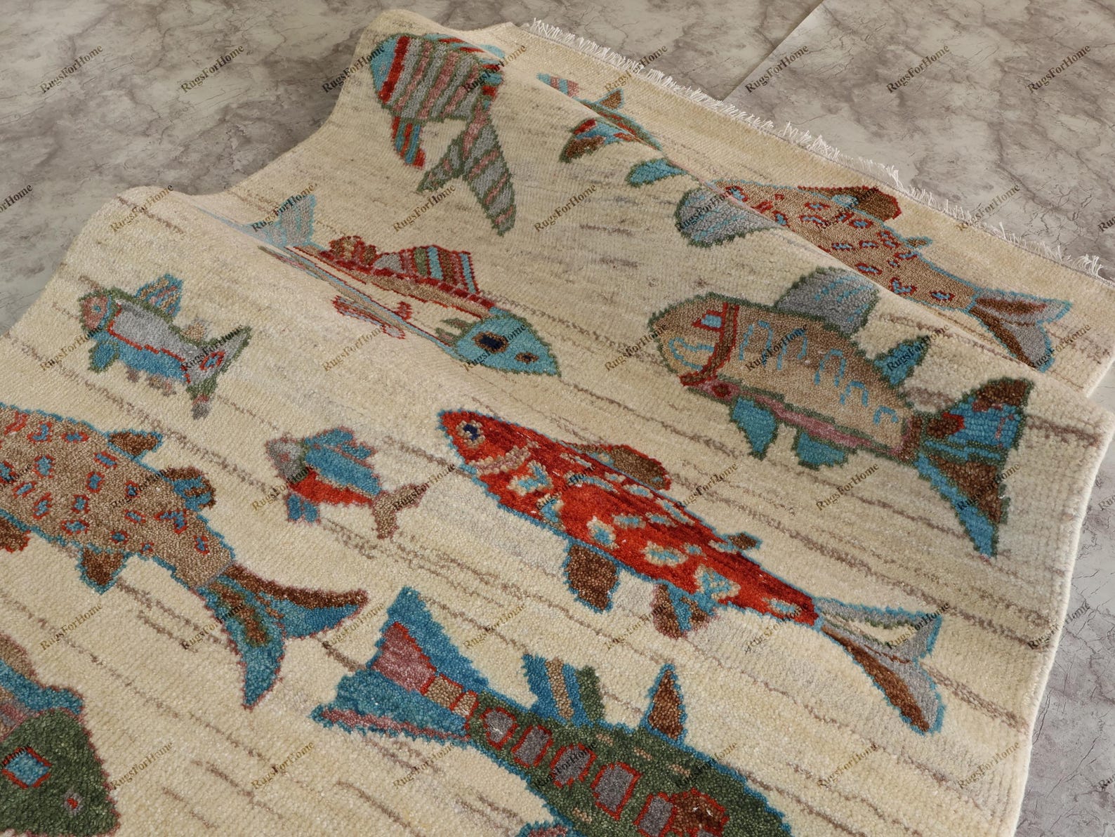 Hand Knotted Fish Pattern Rug Wool Area Carpet Coastal Nautical Beige ...