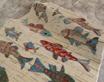 Koi Fish rug wool area rug, hand knotted beige, coastal nautical decor
