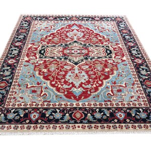 Hand-Knotted Sherapi Wool Rug: 8x10 ft Navy Blue Persian Style