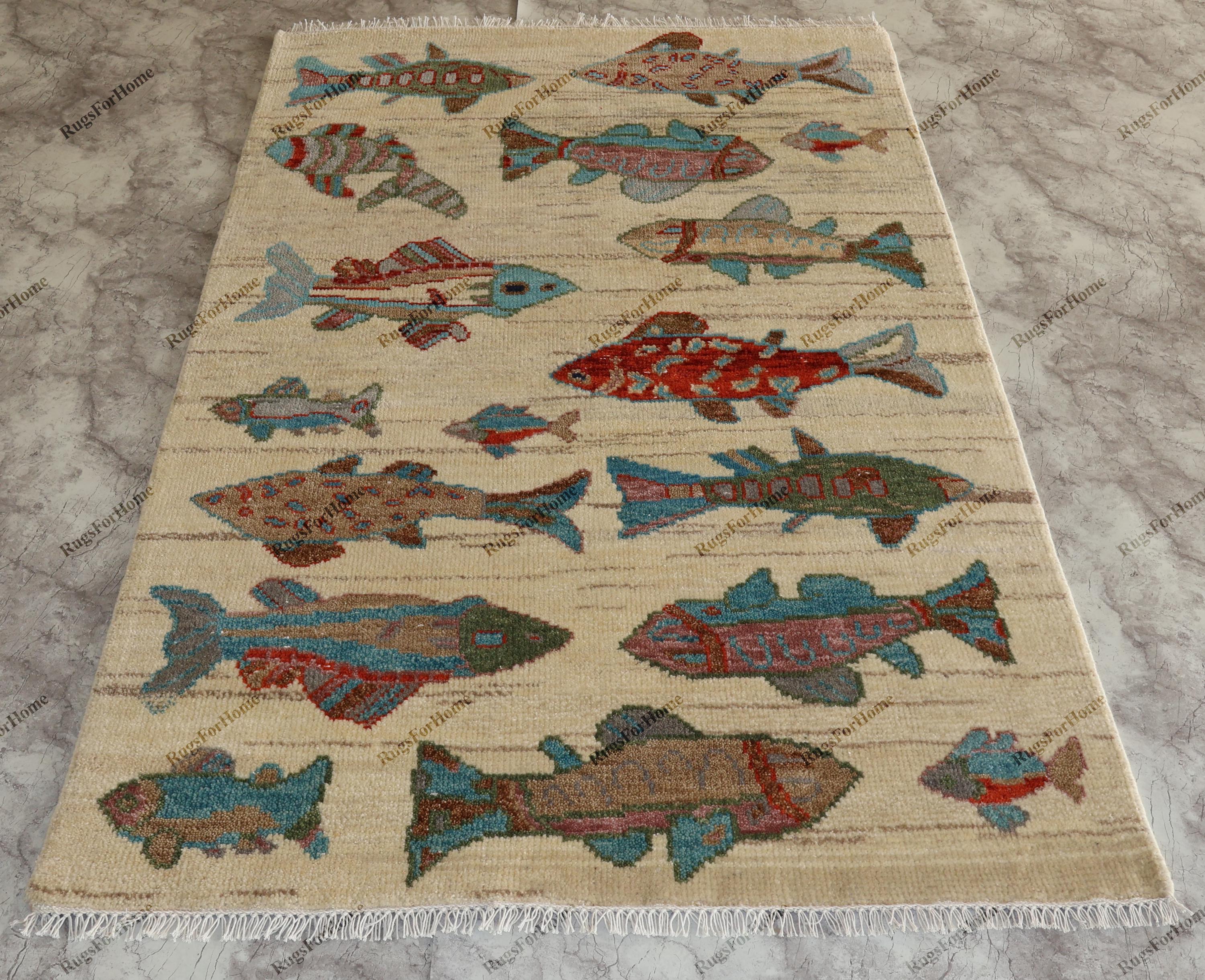 Outdoor Fish Rug Patterns Hand Knotted Fish Pattern Rug Wool Area Carpet Coastal Nautical Beige ...
