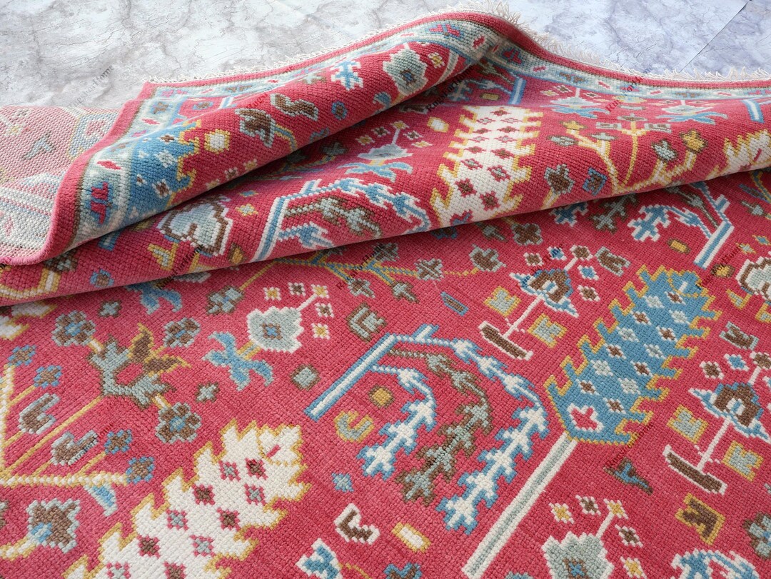 Red Oushak Rug Handmade Wool Turkish Carpet Vintage Floral Large Area ...