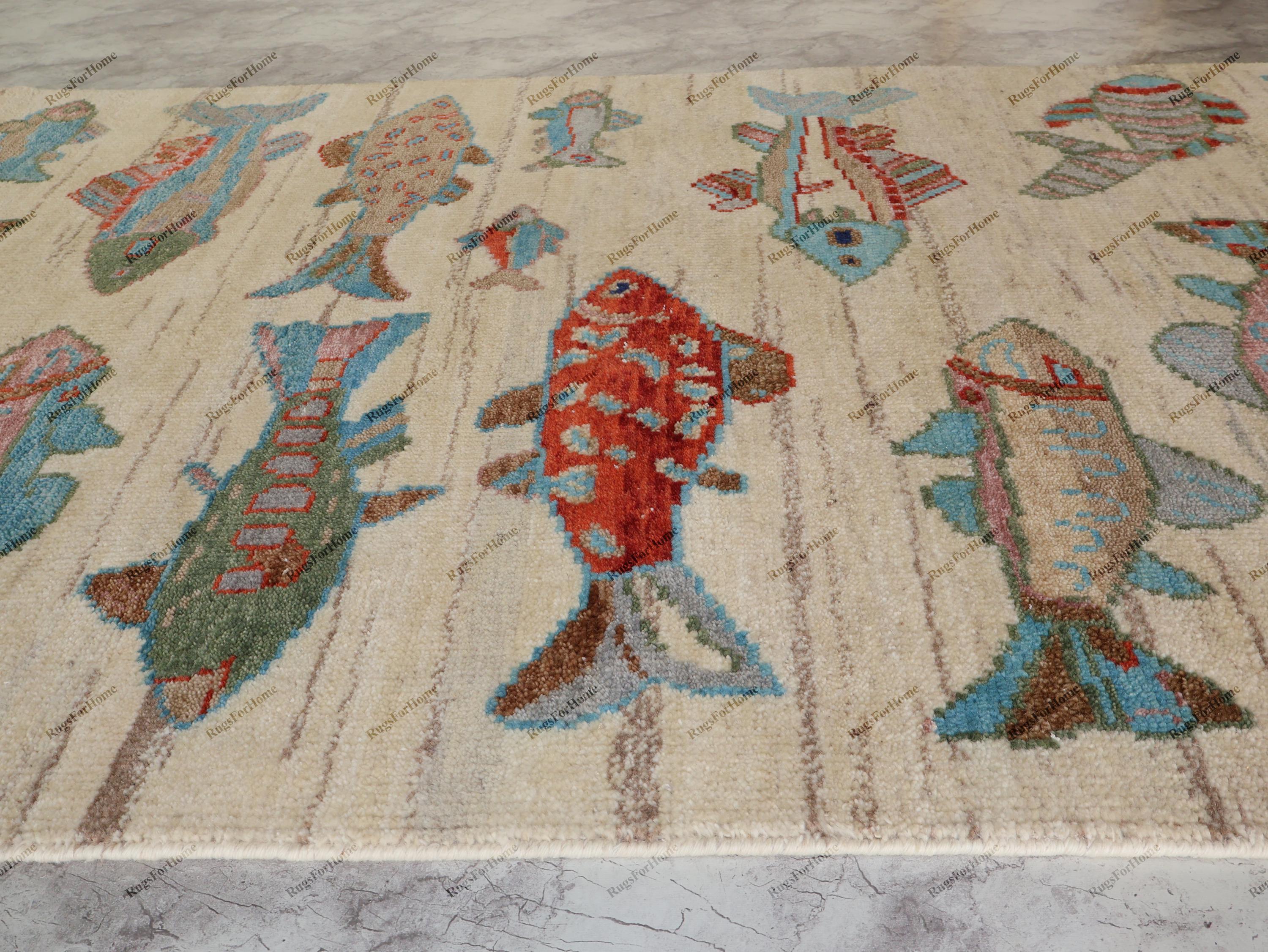 Outdoor Fish Rug Patterns Hand Knotted Fish Pattern Rug Wool Area Carpet Coastal Nautical Beige ...