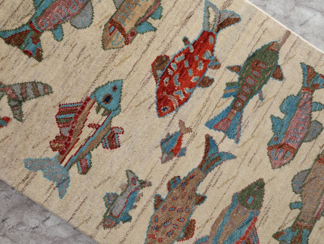 Fish Patterned Rugs Fish Rug Wool Area Rug, Hand Knotted Beige, Coastal Nautical Decor - Etsy
