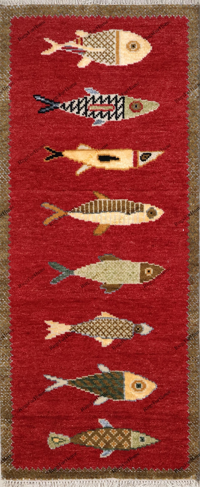 Koi Fish Runner Rug: Red Colorful Carpet Handmade Wool Area Carpet 2 ...