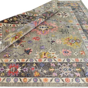 Hand-Knotted Turkish Wool Rug: Modern Oushak Design, Neutral Beige Multi 9x12