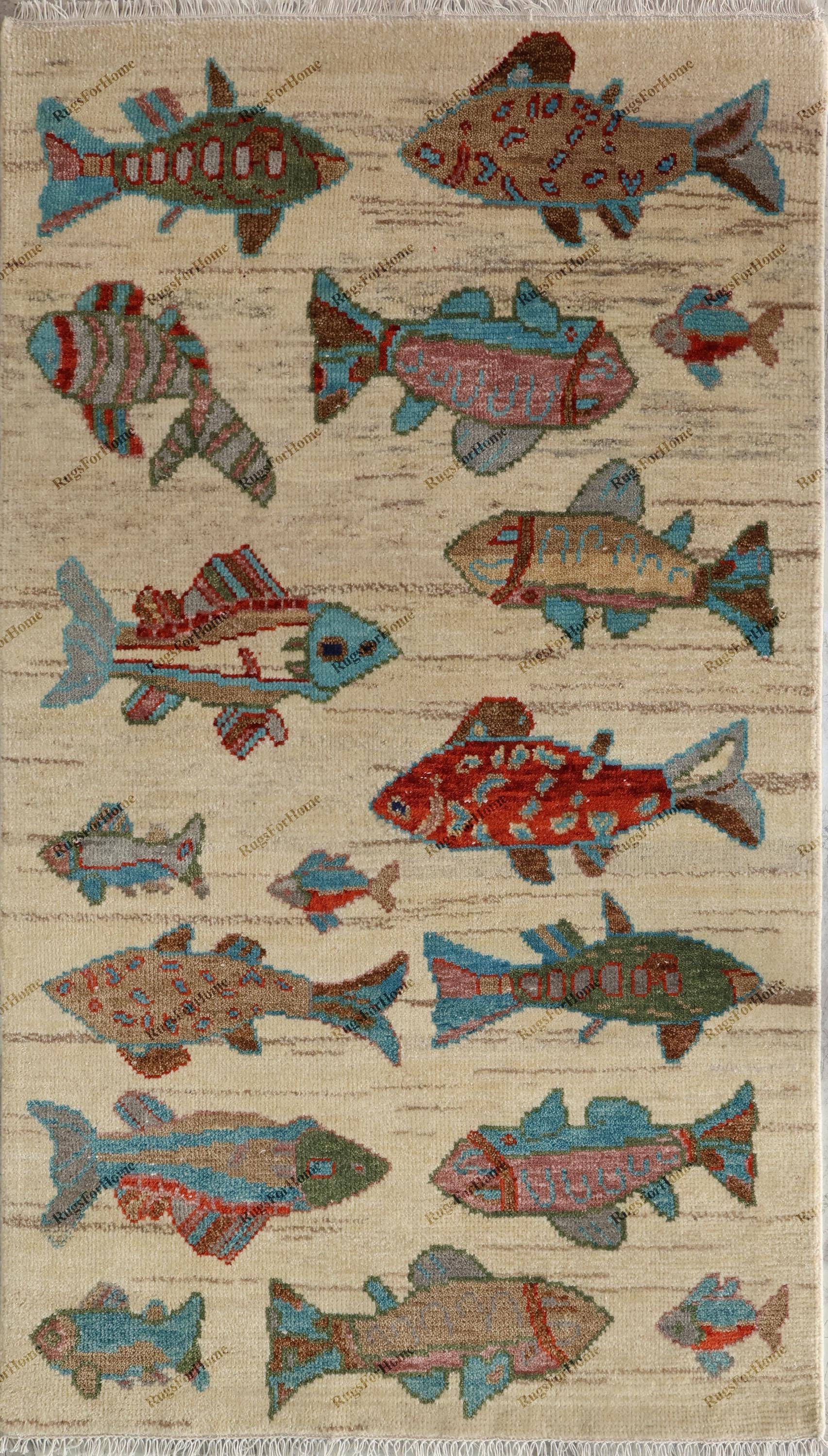 Outdoor Fish Rug Patterns Hand Knotted Fish Pattern Rug Wool Area Carpet Coastal Nautical Beige ...