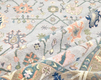 May include: A light gray rug with a detailed floral pattern in shades of pink, blue, and orange. The rug has a traditional Persian design with intricate details.