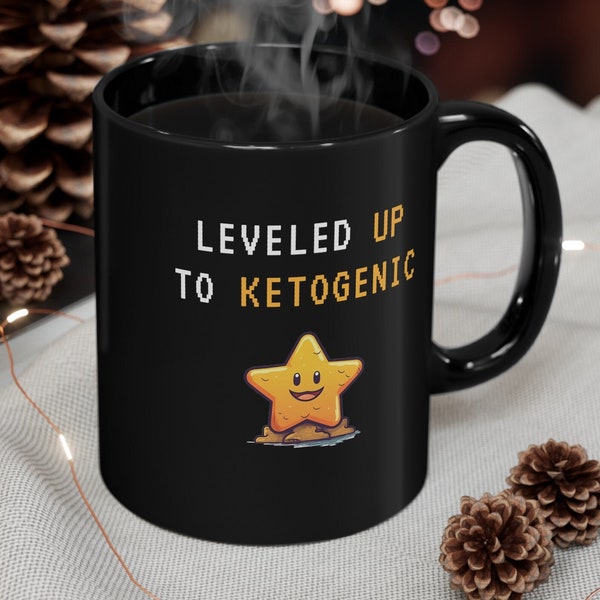 Leveled Up to Ketogenic Black Ceramic Mug | 16-Bit Style Pixel Coffee Cup | Funny Keto Mug